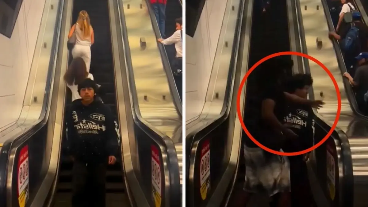 -10.000 de aura: quiso hacerse el gracioso en la escalera mecánica y se comió un cachetazo